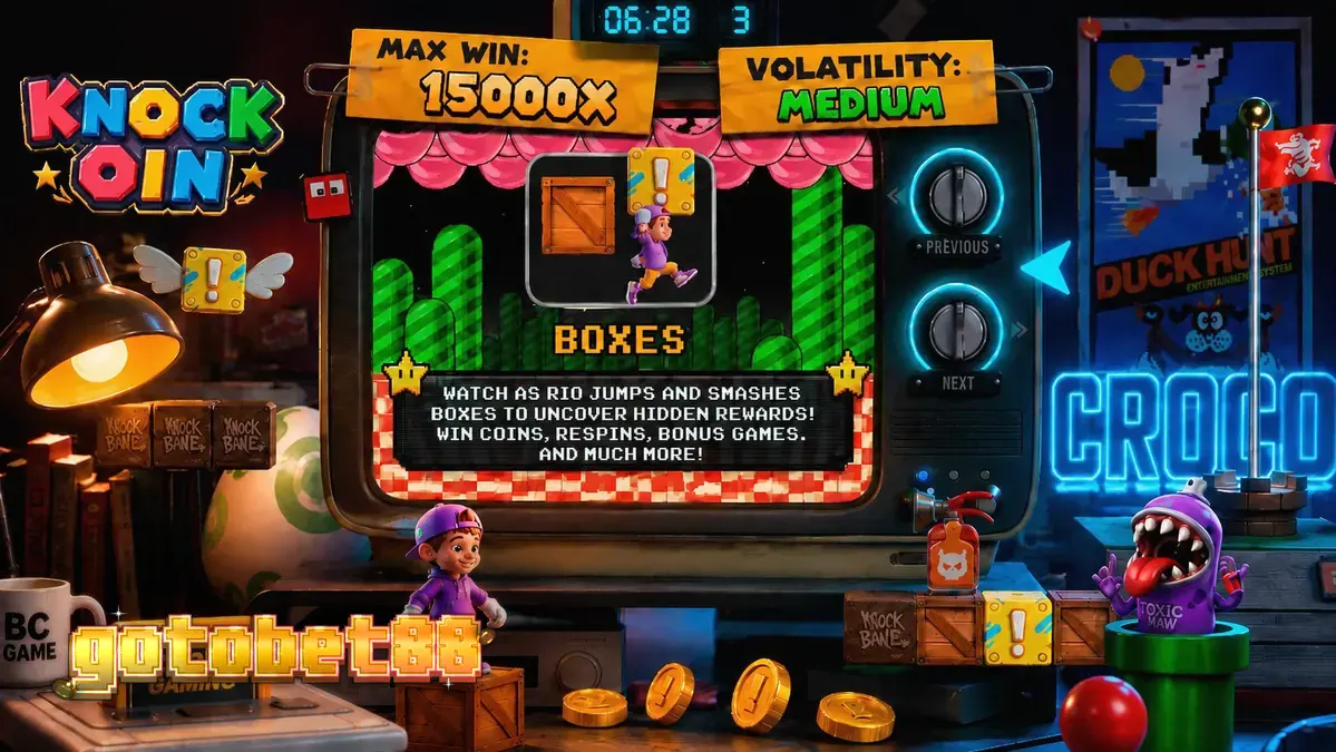 Tampilan visual retro game slot KNOCKOIN dengan karakter Rio